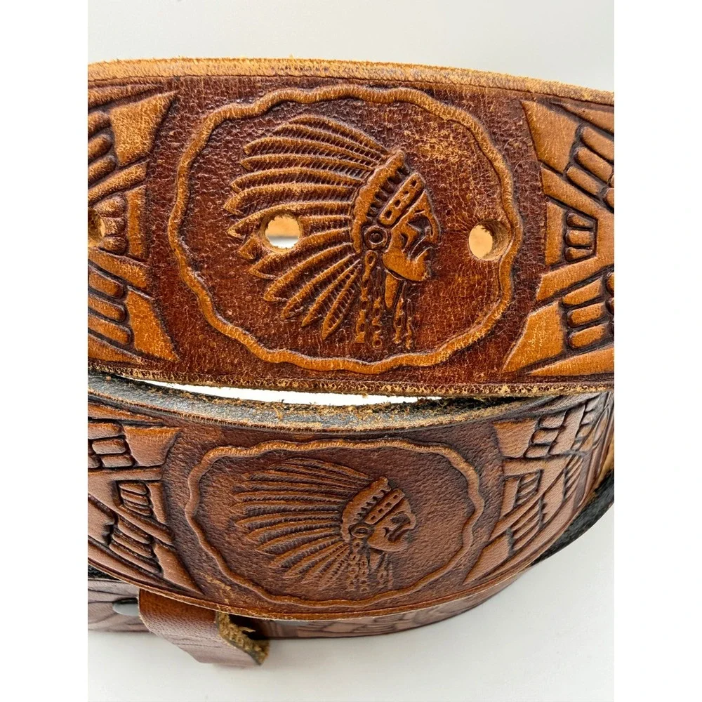 Vintage 70s Hand Tooled Leather Southwestern Pueblo Boho Belt